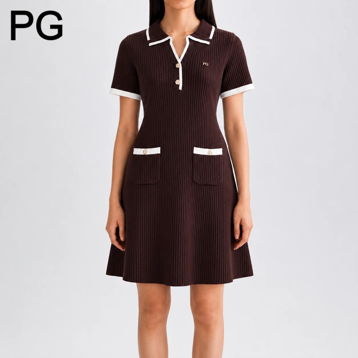 PG Women's Knit Polo Dress Contrast Piping Turn-down Collar Short Sleeve Pocket Design Slim Waist A-line Summer Short Dress