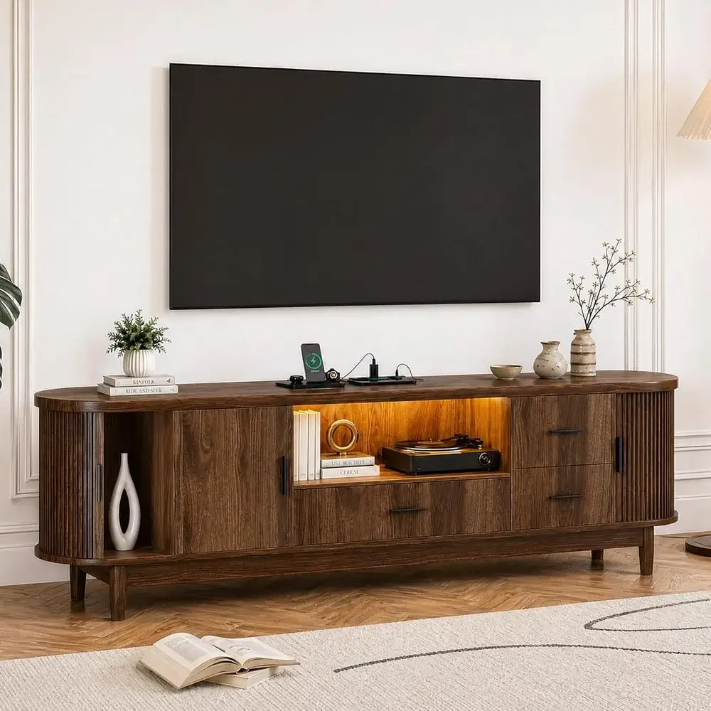 63" Century ern TV Stand or TVs up to 75 Inch, Wood Entertainment Center with LED Lights and Power Outlet, ern TV ole with luted