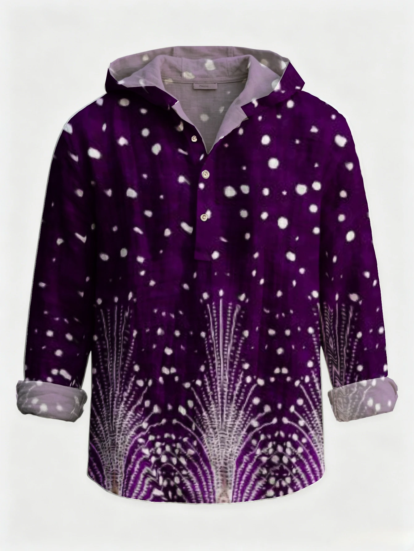 Men's Peacock Feather Dotted Print Hooded Henley Shirt, Long Sleeve Half‑Button Placket Loose Fit Bohemian Casual Pullover Tops