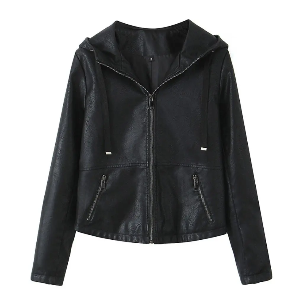 เสื้อแจ็คเก็ตหนังมอเตอร์ไซค์สีดำสำหรับผู้หญิง แขนยาว ปกเสื้อแบบมีปก มีฮู้ด เซ็กซี่ สไตล์ฮาร์ดคอร์ คุณภาพส่งออก เสื้อแจ็คเก็ตผู้หญิง