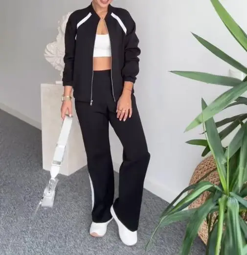 

Two Piece Set Women Outfit 2025 Spring Autumn New Color Contrasting Stand Collarlong Sleeve Zipper Jacket & Casual Pants Set