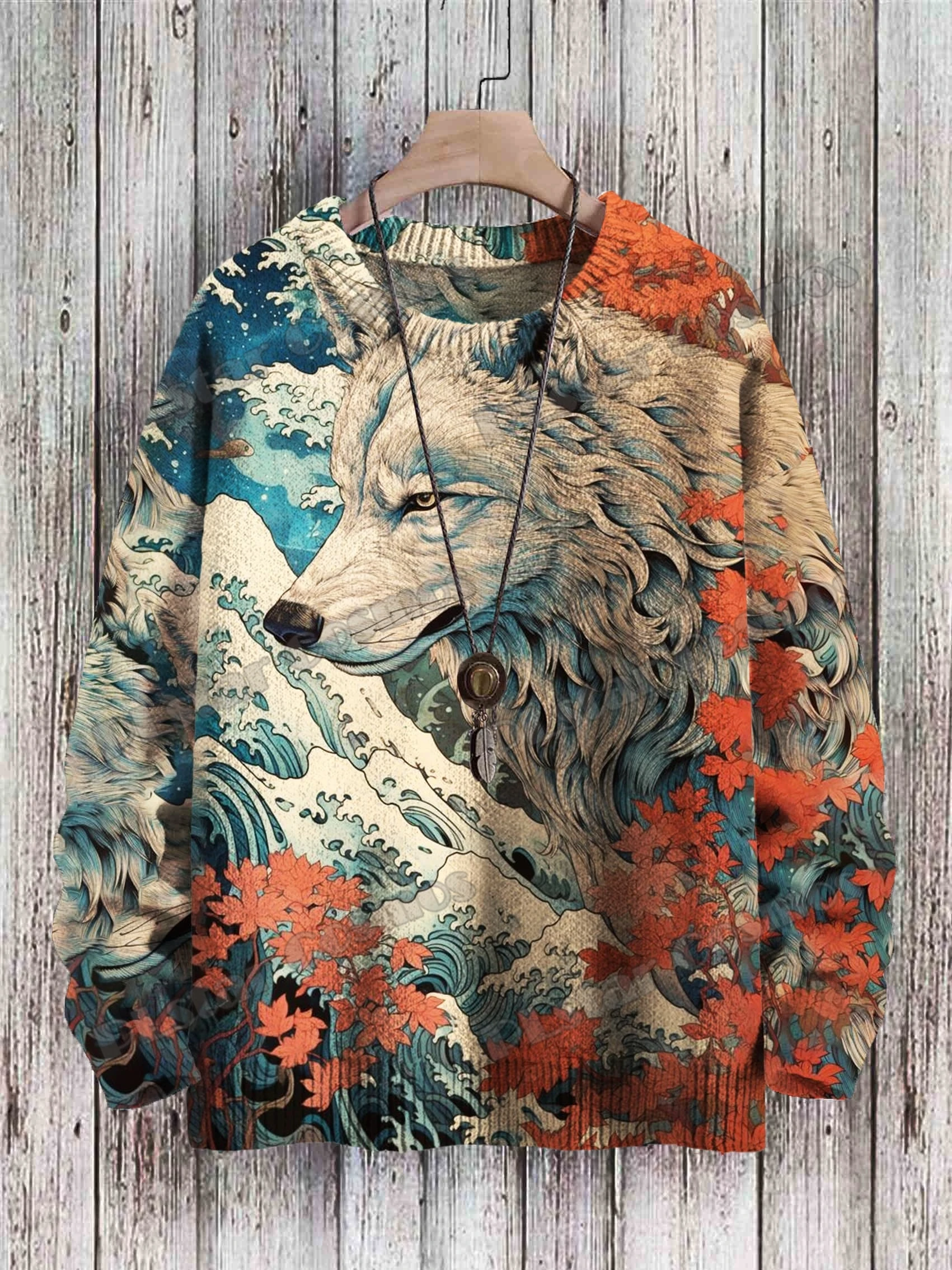 Retro Wolf & Retro Pumpkin And Cats Pattern 3D Printed Men's Knitted Pullover Winter Unisex Casual Knit Pullover Sweater ZZM60