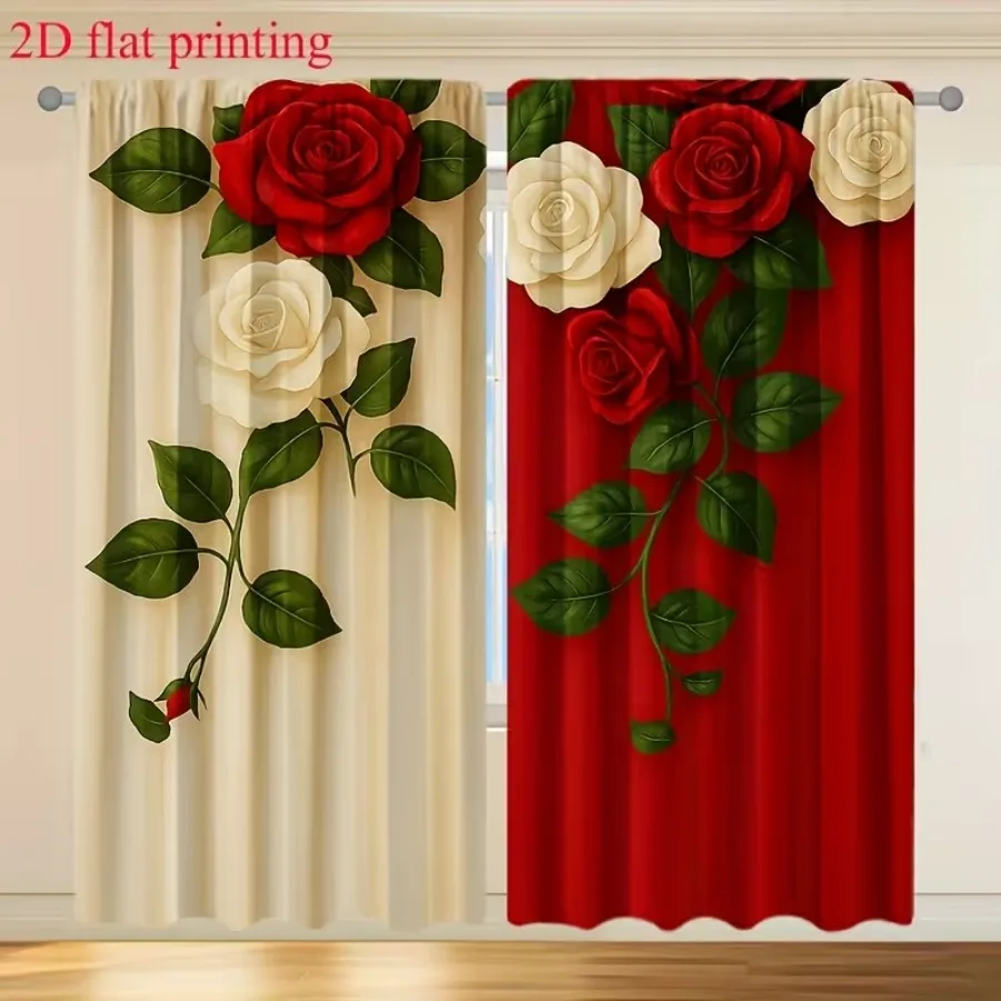 2PCS Digital Print Curtains, Red and White Roses Pattern, Classic Two Tone Floral Decor Elegant Contrast Flower Living Drapes