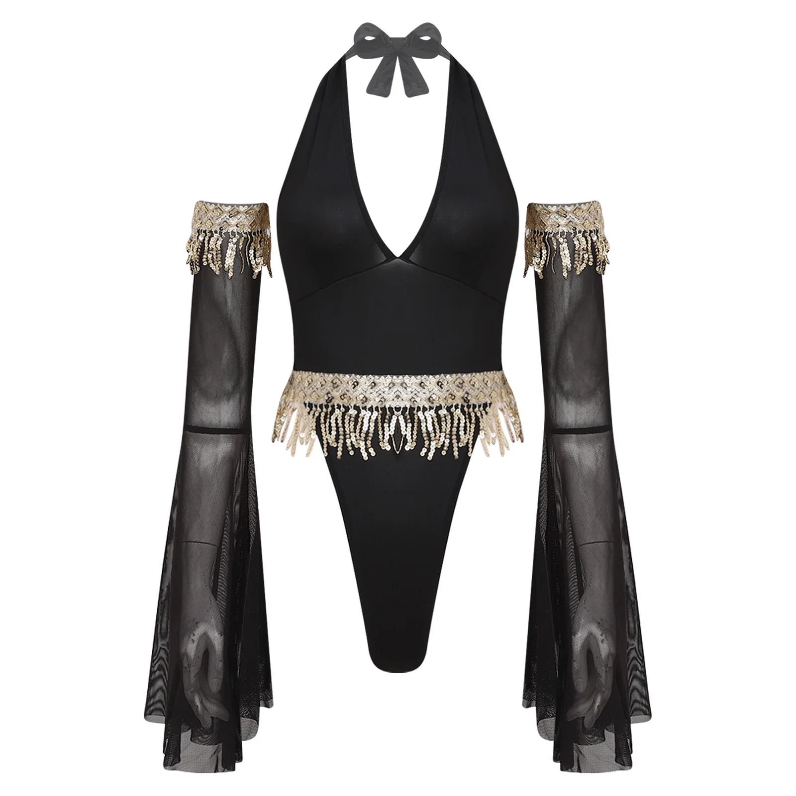 

Womens Halter Deep V Neck Backless Lingerie Bodysuit with Removable Flared Mesh Sleeves Sequined Tassel Armband and Waist Belt