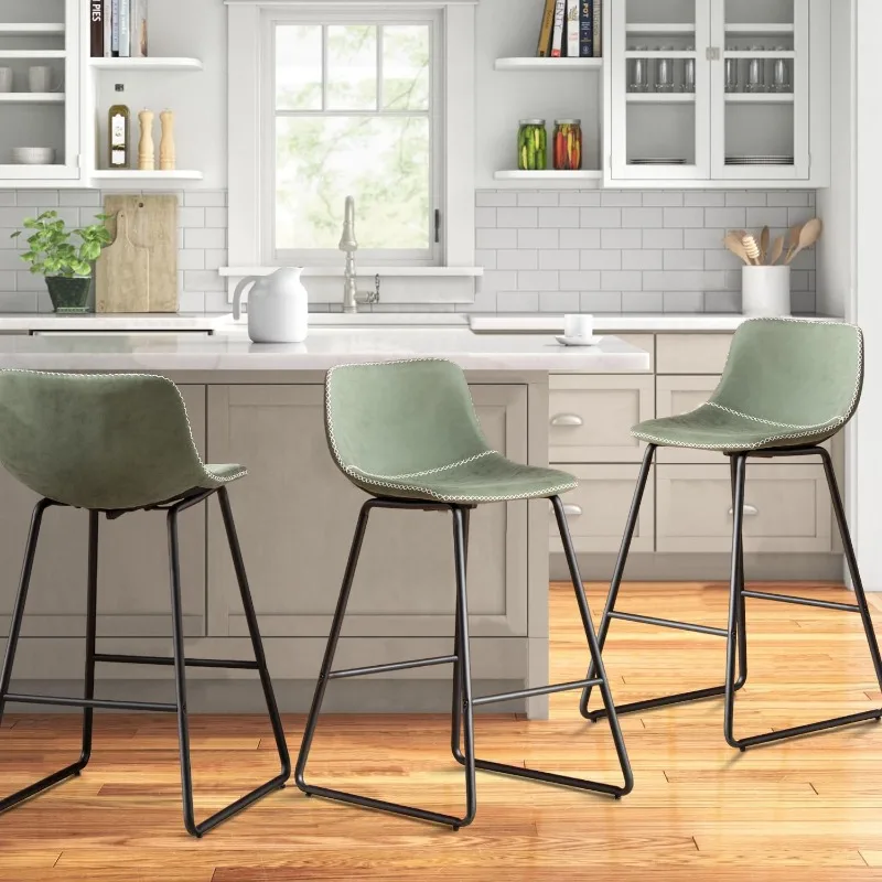 

Green Bar Stools Set of 3, 26 Inch Barstools with Metal Legs Faux Leather Counter Height Bar Stools for Kitchen Island