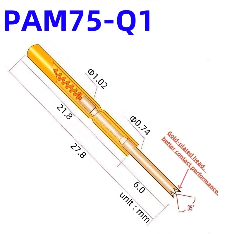 

100PCS PAM75-Q1 Spring Test Probe Test Pin Pogo Pin PM75-Q1 PM75-Q ICT FCT PCB Test Tool 0.74/1.02/27.8mm Gold Needle Crown Tip