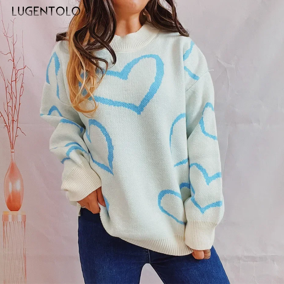 Women Love Pattern Sweaters O-neck Long Sleeve Autumn Winter Thickened Knitted Female Pullover Casual Loose Cloth