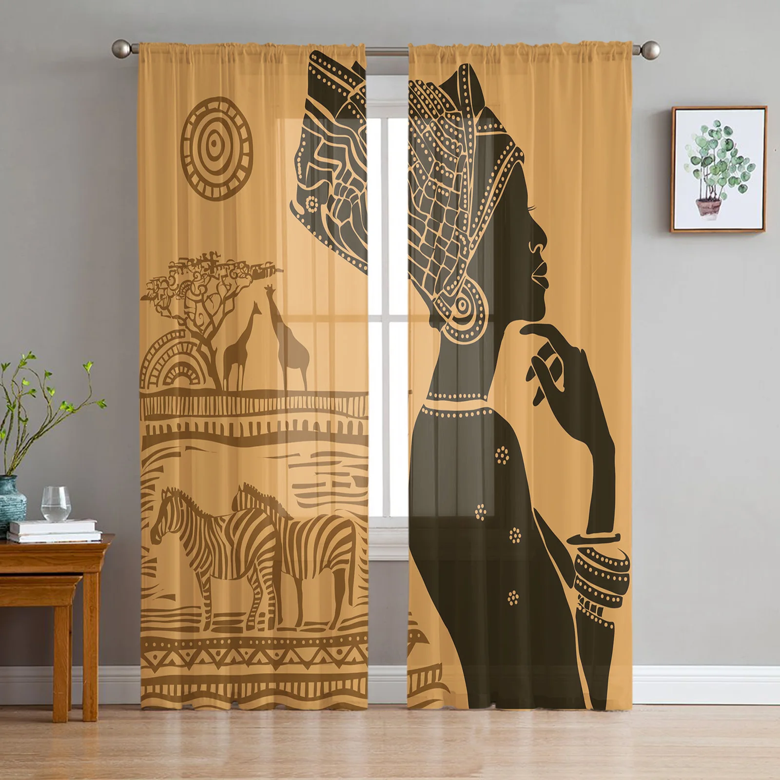 

African Women Ethnic Giraffe Zebra Chiffon Sheer Curtains for Living Room Bedroom Decoration Window Voiles Morning Tulle Curtain