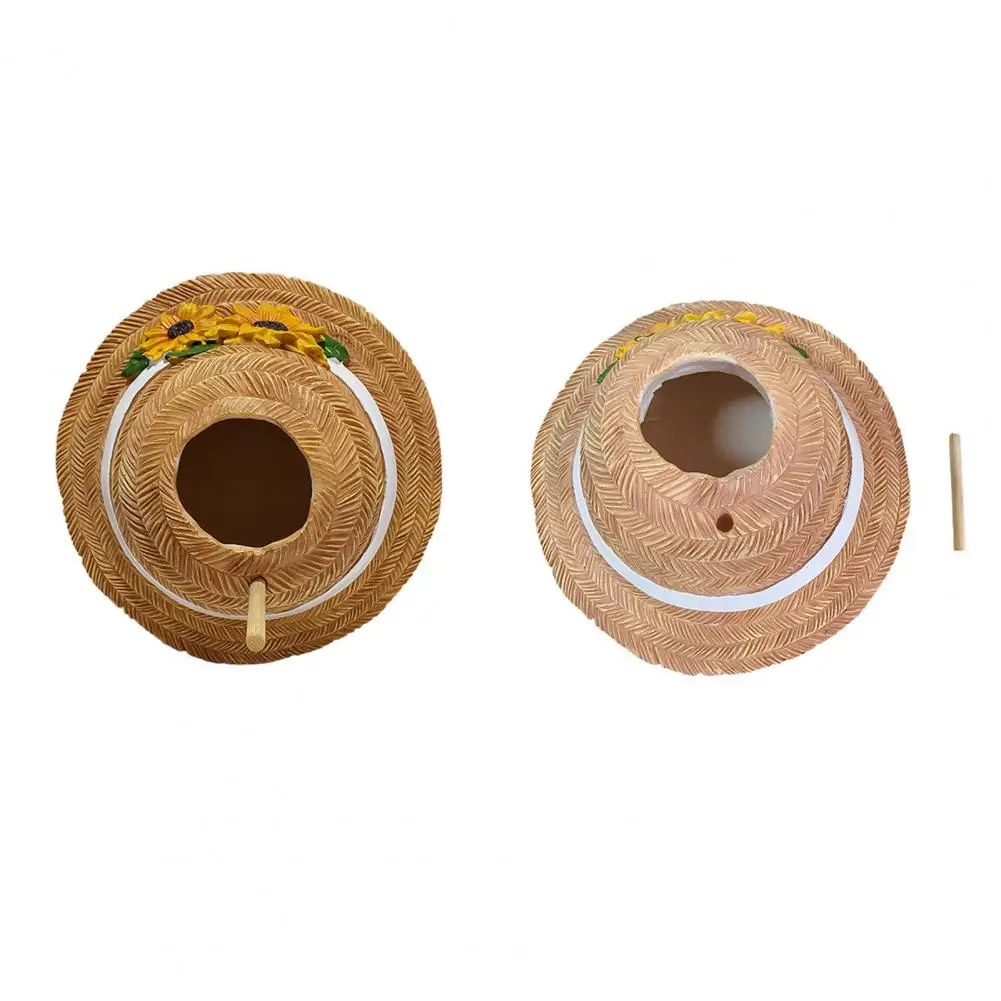 Outdoor Bird House Resin Bird Sanctuary Straw Hat Bird House with Perch Resin Sunflower Garden Shelter Decorative for Patio