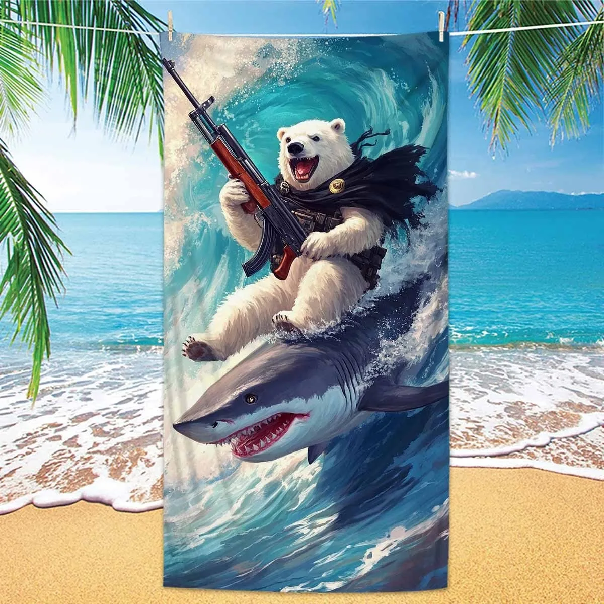Wild Polar Bear on Shark Surfing Beach Towel: Unleash Your Adventurous Spirit! Suitable for towels, bath towels, beach towels
