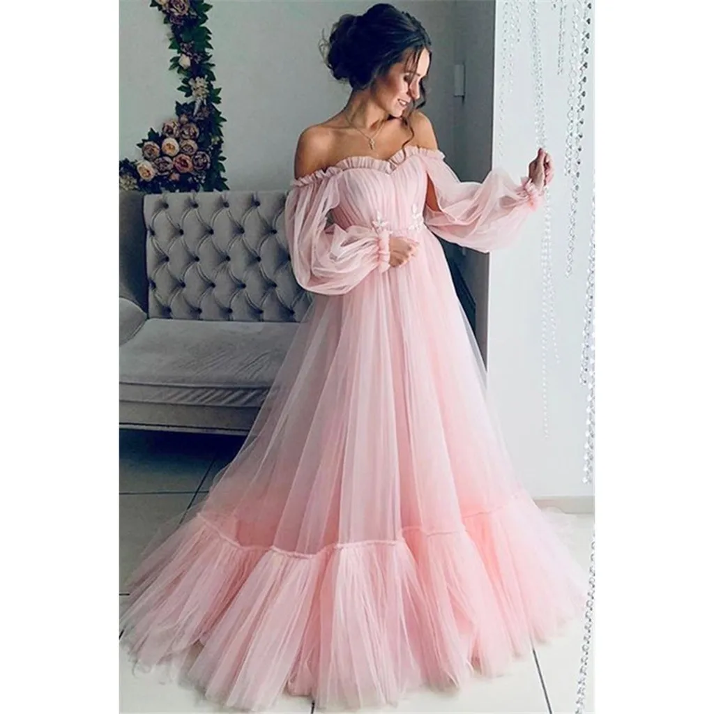Vestido de dama de honor de manga larga con cuello oblicuo, vestido de fiesta de boda, vestidos largos completos de gasa, Color sólido