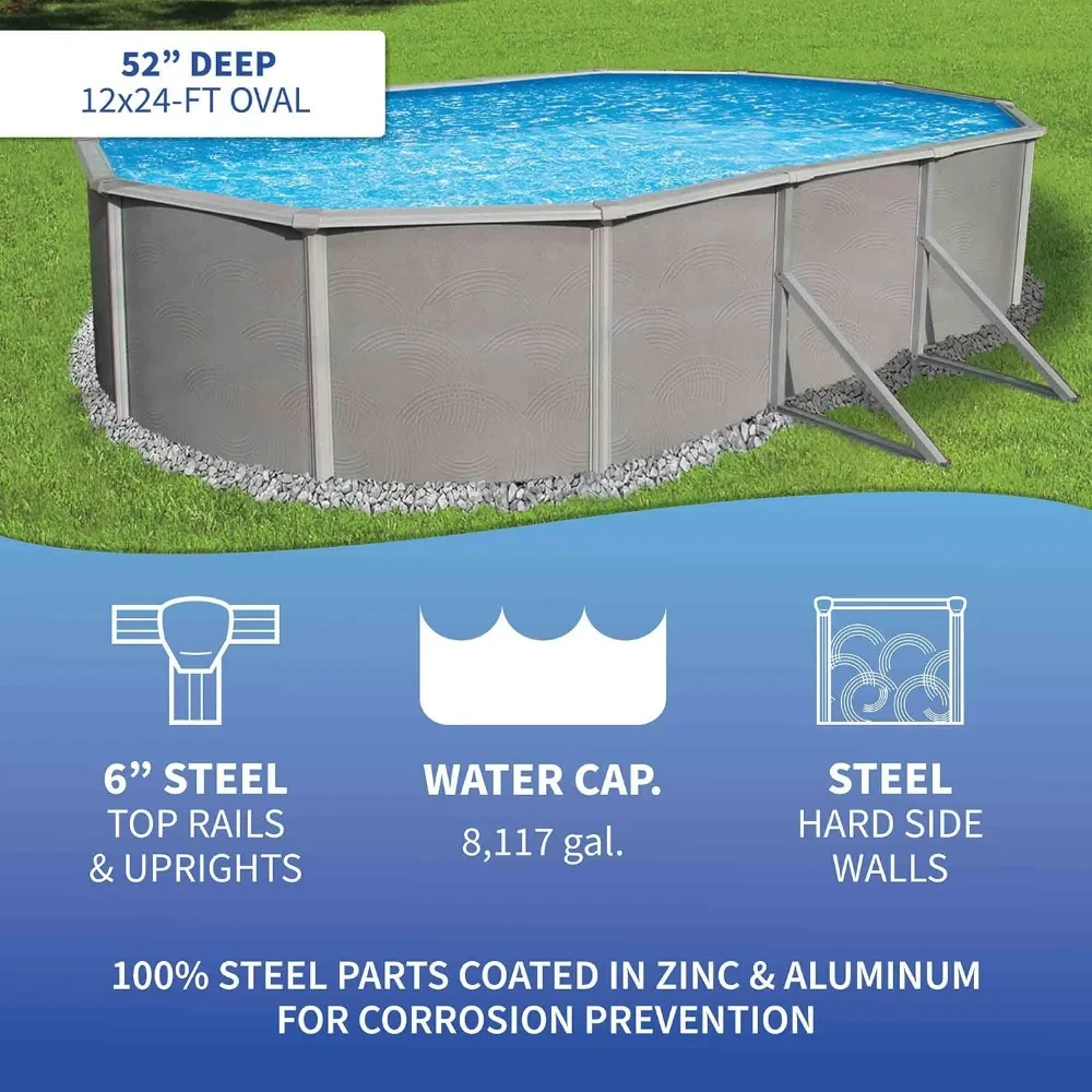 Outdoor Garden Pool 12-Feet by 24-Feet Oval 52-Inch Deep 6-Inch Top Rail Metal Wall Swimming Pool Package