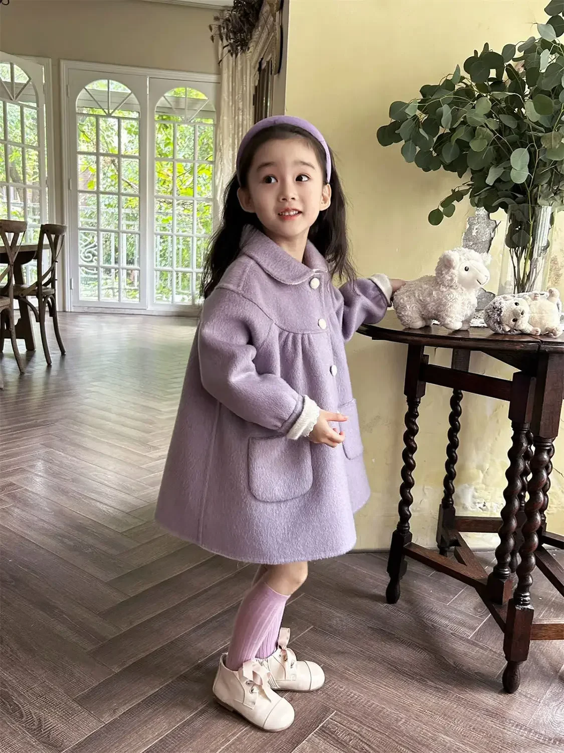 Kids Clothes Warm Warm Winter Thick Baby Girl Cotton Sweet Reversible Woolen Lapel Outwear Bow Sweet Princess Purple Jacket Coat
