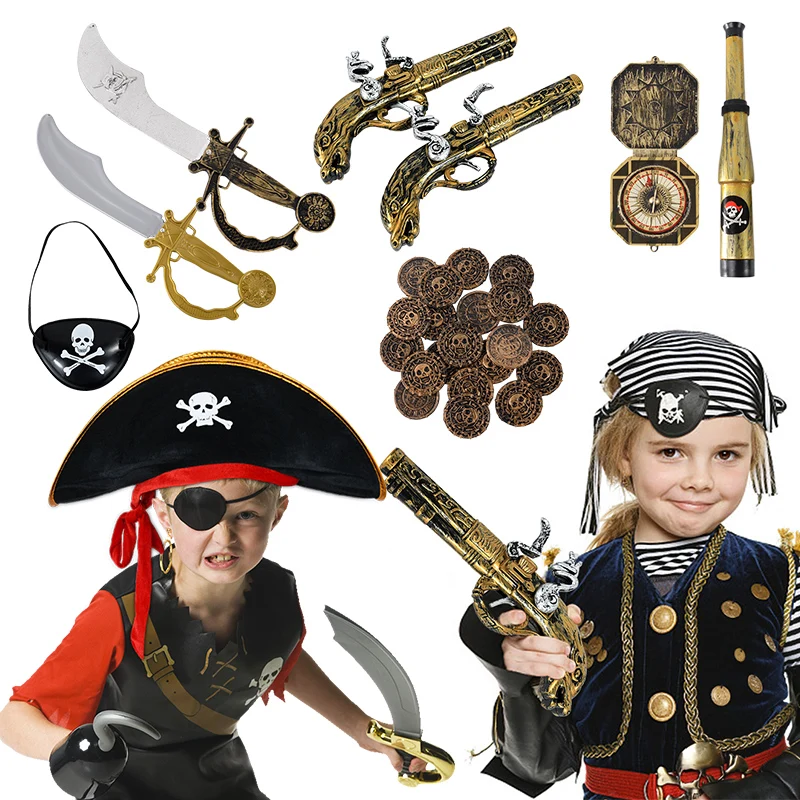 Decoração de festa com tema pirata, chapéu de pirata, pistola, pano para os olhos, telescópio, bússola, brinquedos de tesouro para crianças, presente, adereço de cosplay de Halloween