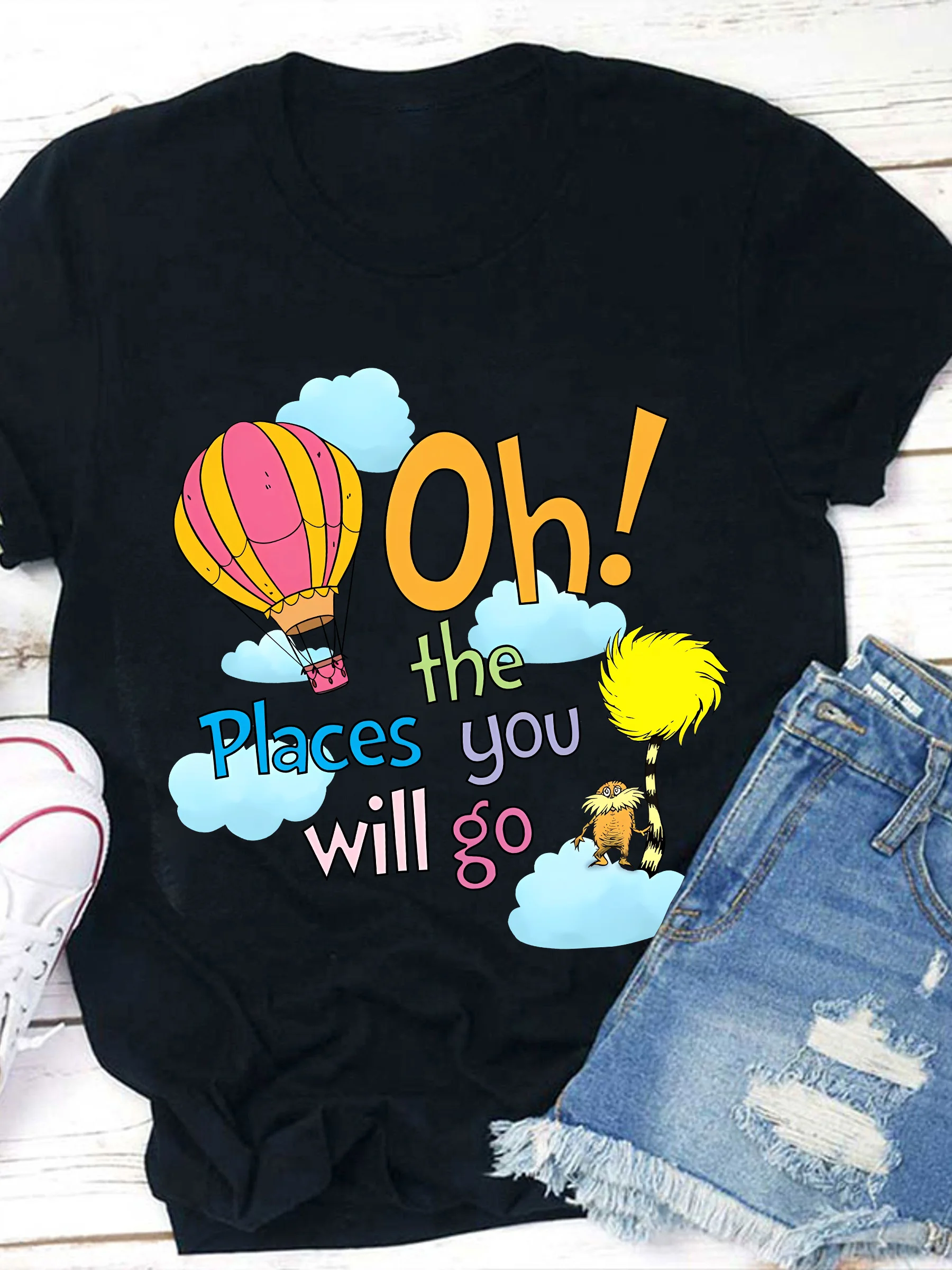 Oh The Places You Will Go! Women's Casual Short Sleeve T-Shirt - Black Dr. Seuss Inspired Graphic Tee with Hot Air Balloon