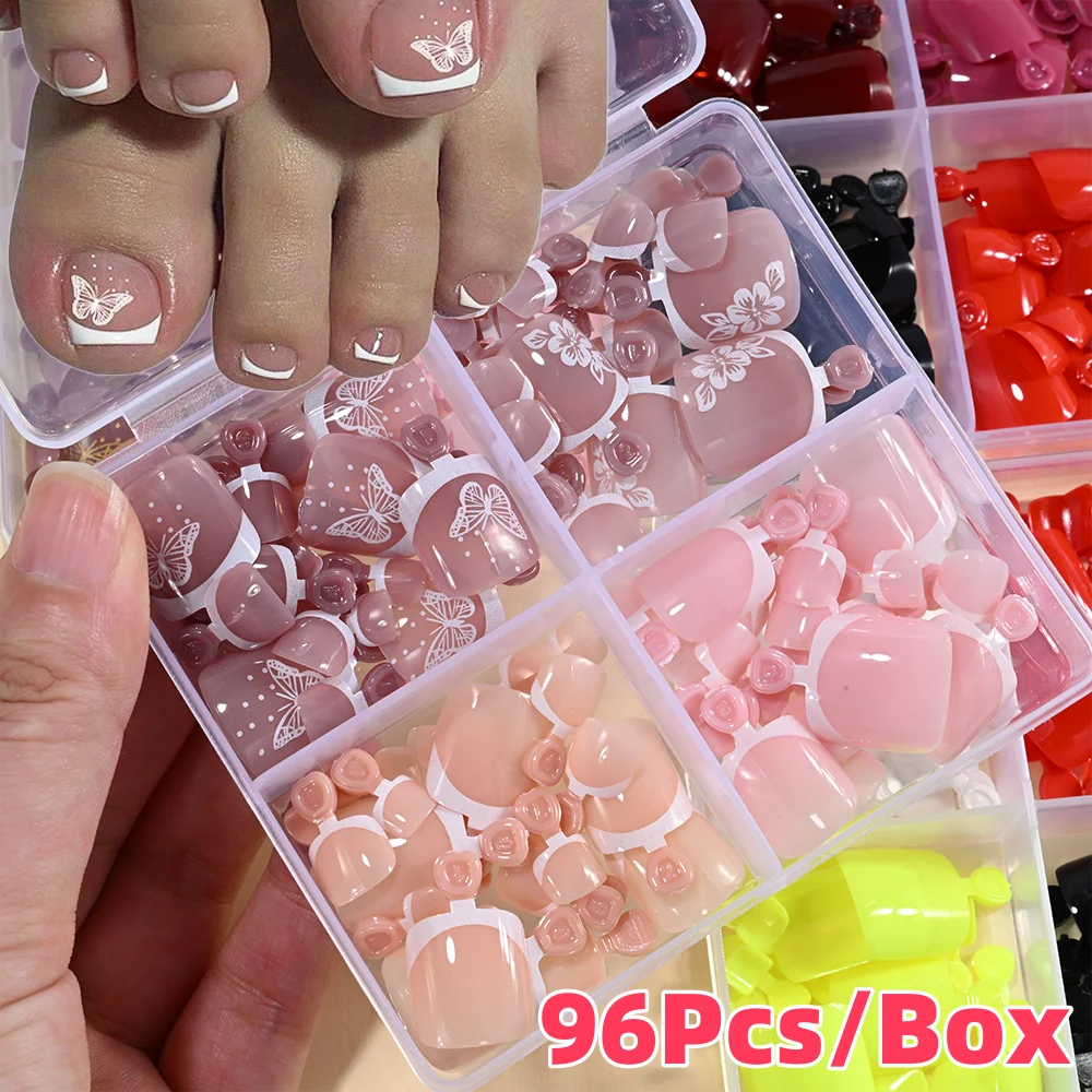 96Pcs French Short Sqaure Fake Toe Nails Butterfly Flower Design Full Cover Press On Toenails Nude/Pink Summer False Toe Nails &