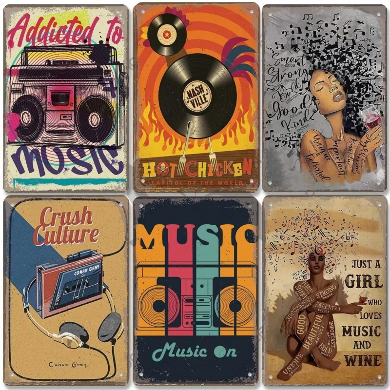 Vintage Musik-Poster Metall-Blechschilder Retro Metallplatten Musik-CD Radio Gitarre Sänger Bar Club Wanddekoration Wohnzimmer