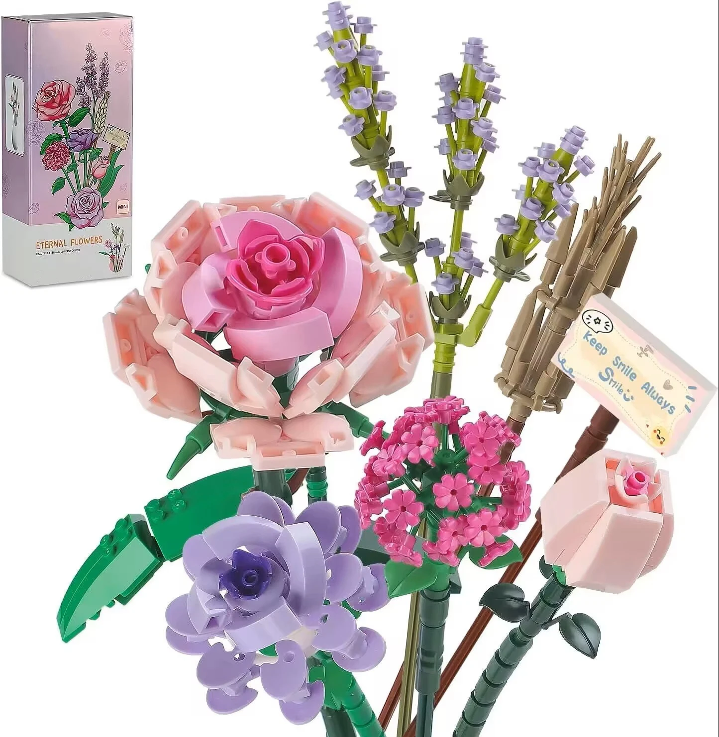 

Flower Bouquet Mini Pink Rose Lavender 547pcs Building Block Sets Creative Home Decor Toys Kits Aniversary Gifts with Box