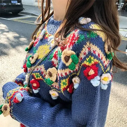 

Vintage Women 3D Balls Flowers Crocheted Pullovers Autumn Winter Hooked Sweater Shirts Knitwear Jumopers Tops Sueters Mujer