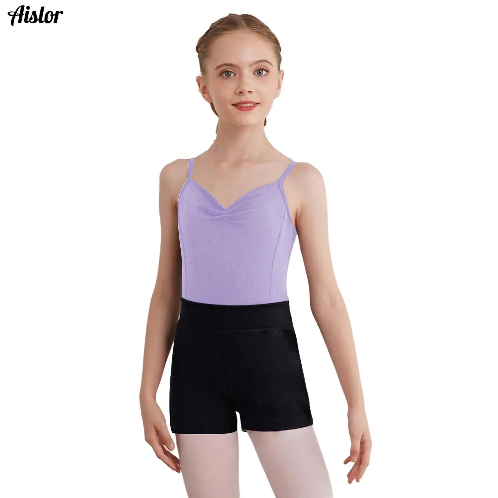 Kids Girls Gymnastics Ballet Dance Bodysuit 2-Piece Sleeveless Backless Adjustable Spaghetti Straps Ruched Leotard with Shorts