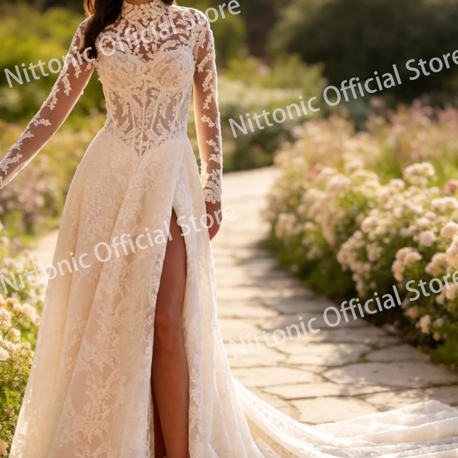 Elegant High Collar Lace Full Sleeve Side Slit A-Line Bride Wedding Dresses Bridal Gowns Customized