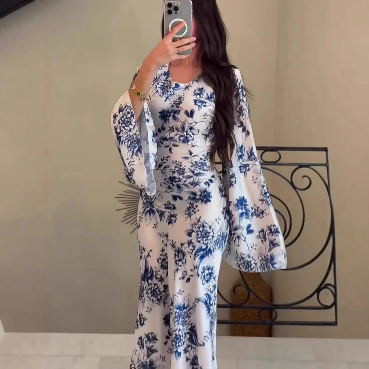 

Женское платье-абайя с цветочным принтом, длинное, мусульманское, в стиле марокканской джалабии, с кружевной отделкой, для Рамадана, Дубай, кафтан, 2026