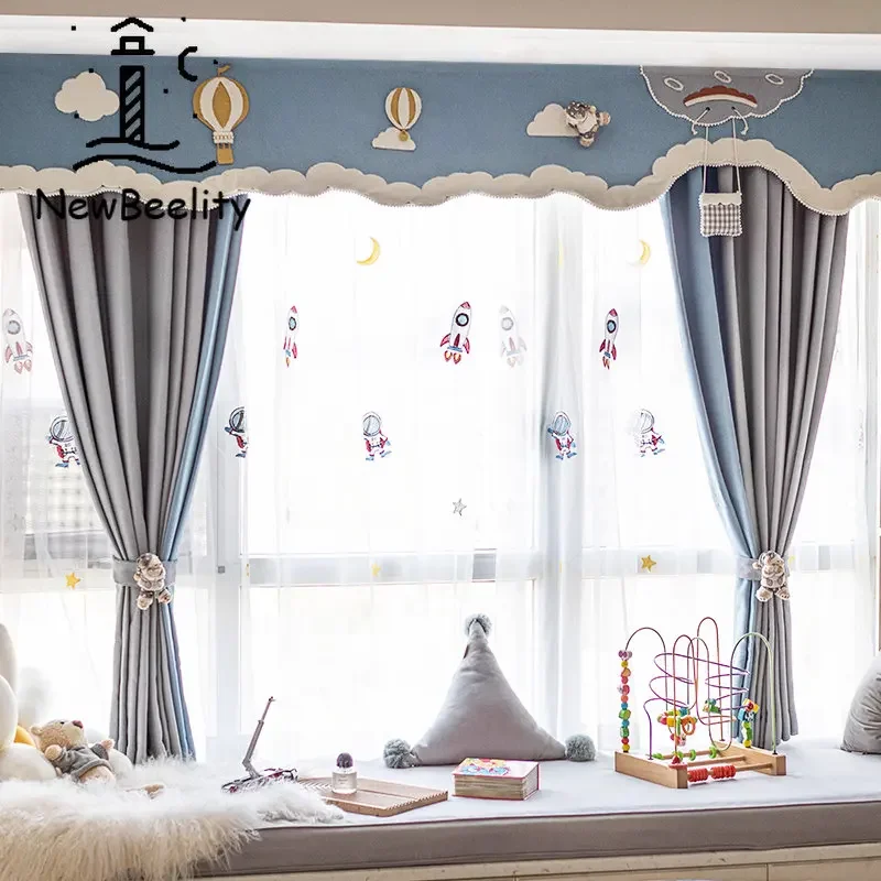 

Nordic Gray Cotton Linen Stitching Curtains Modern Children's Room Boy Bedroom Space Cartoon Decor Jacquard Tulle Custom Valance