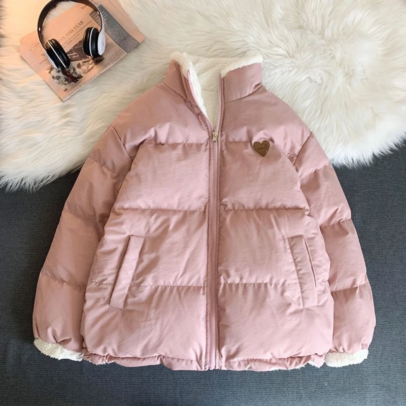 Cute Embroidery Women Parkas Coat Winter Thick Hairy Korean Loose Warm Jacket For Women Double Sided Design Pink Student Clothes