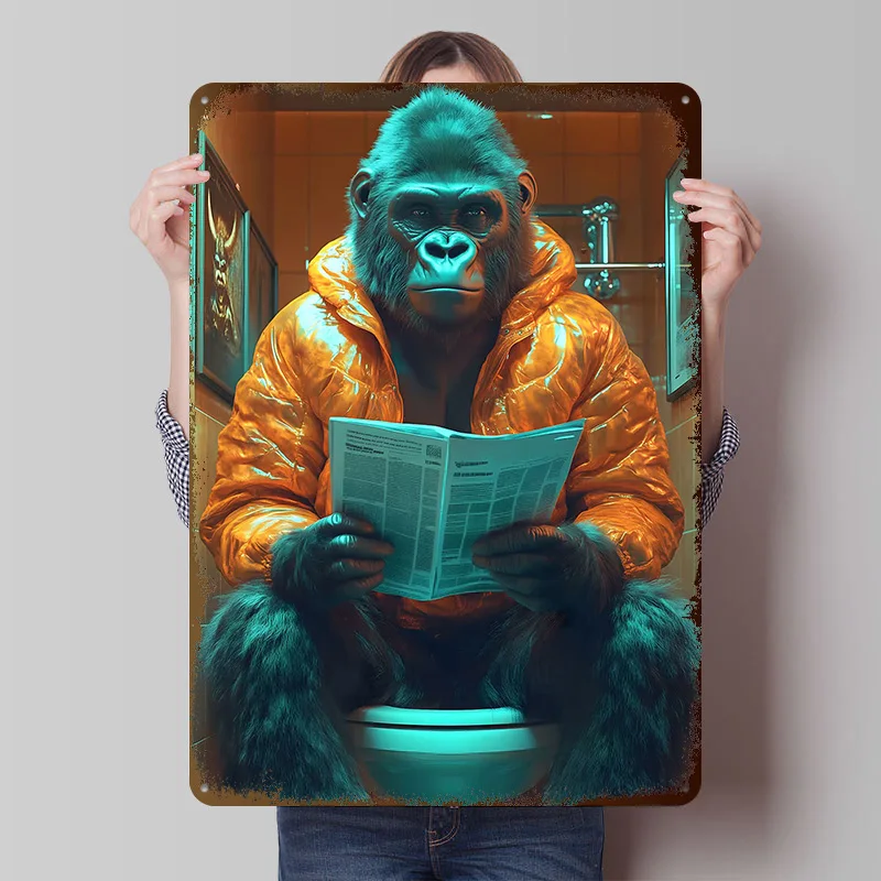 Gorilla Reading on Toilet Tinplate Posters Customizable Wall Art Retro Vintage Metal Signs for Home Room Decoration Gaming Cozy