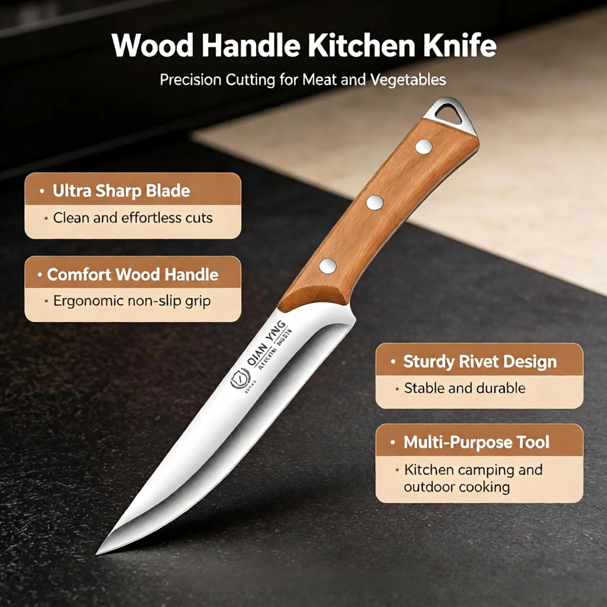 Stainless steel multi-purpose carving knife with blade guard, professional kitchen steak knife with wooden handle, fruit knife