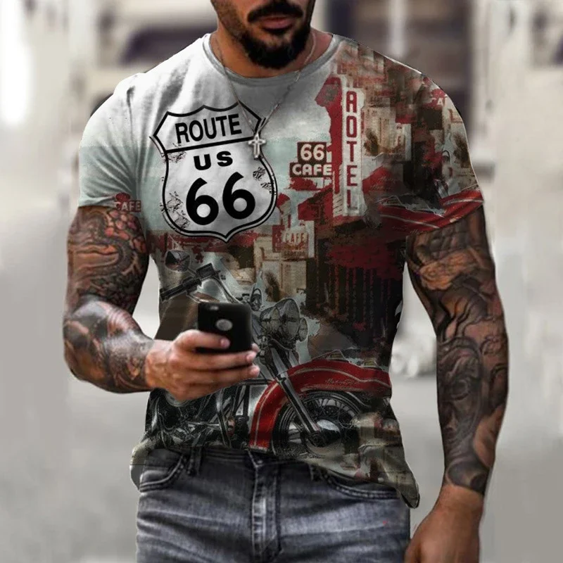 Mens Retro Route 66 American Flag Graphic T Shirt Vintage Distressed Print Short Sleeve Casual Tee