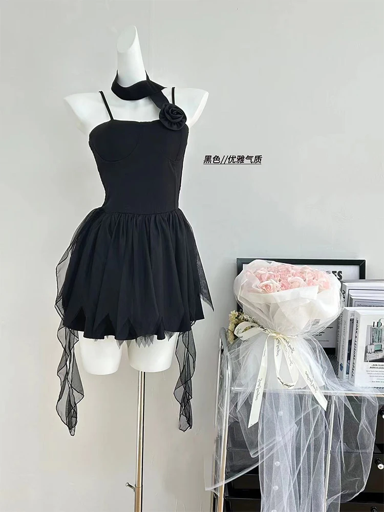 Summer Women Ballet Core Prom Gown Spaghetti Strap Mesh Patchwork Dress Frocks French Vintage Evening Black One-Piece Party