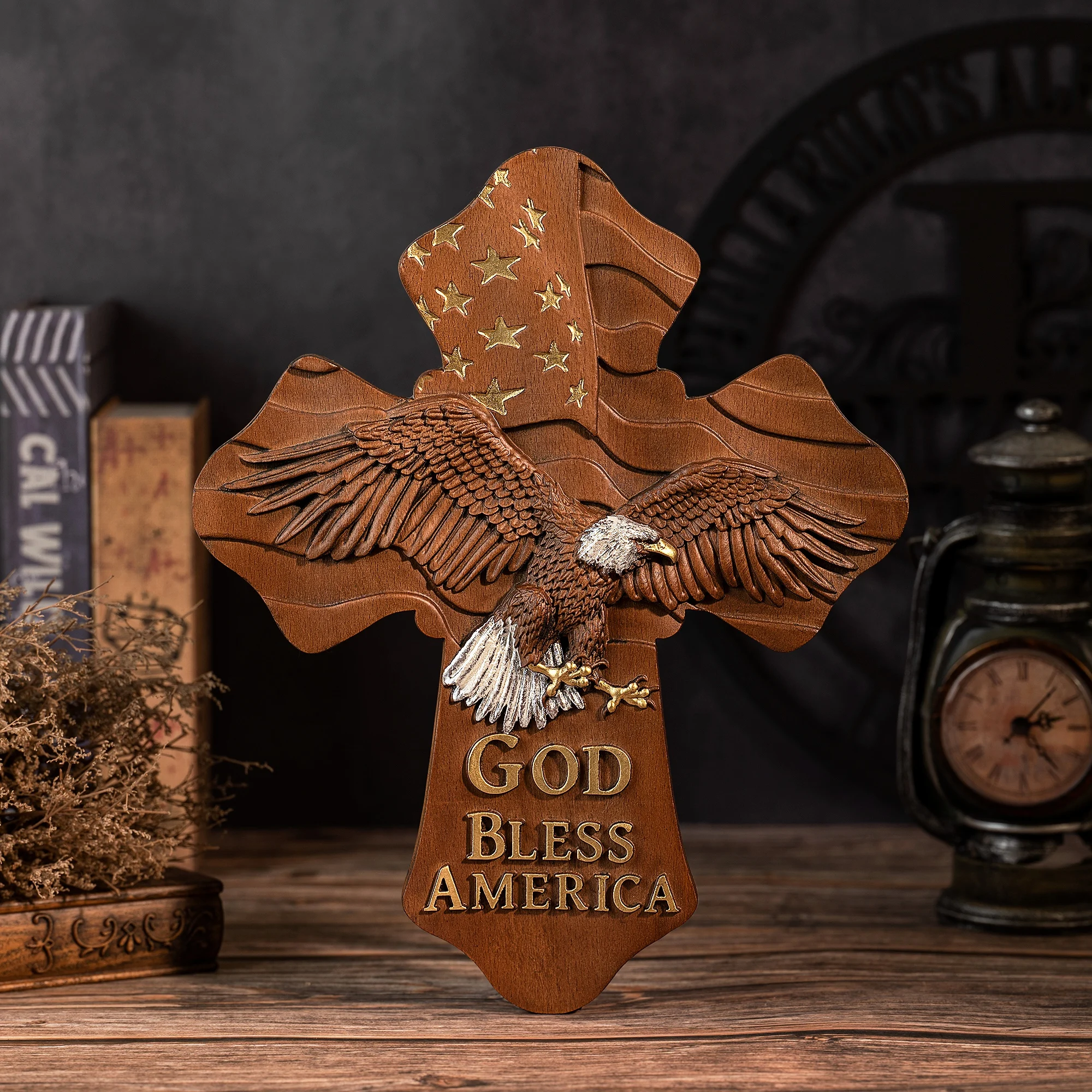 Patriotic Eagle Cross Wall Plaque God Bless America Wood Carved Cross American Flag Bald Eagle Wall Art Home Decor Religious Gif