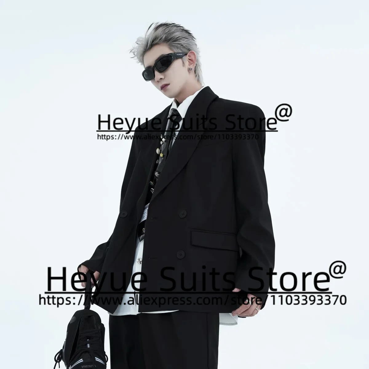 

Custome Made Black Loose Men Suits Fashion Double Breasted Groom Party Tuxedos 2 Pieces Sets Elegant Male Blazers Costume Homme