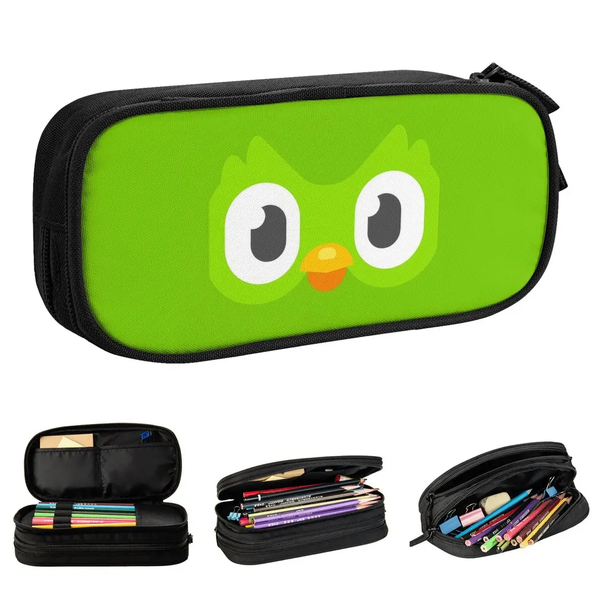 Duolingo 얼굴 연필 케이스, 만화 펜 상자 가방, 학생 대형 보관 학용품, 선물 연필 파우치