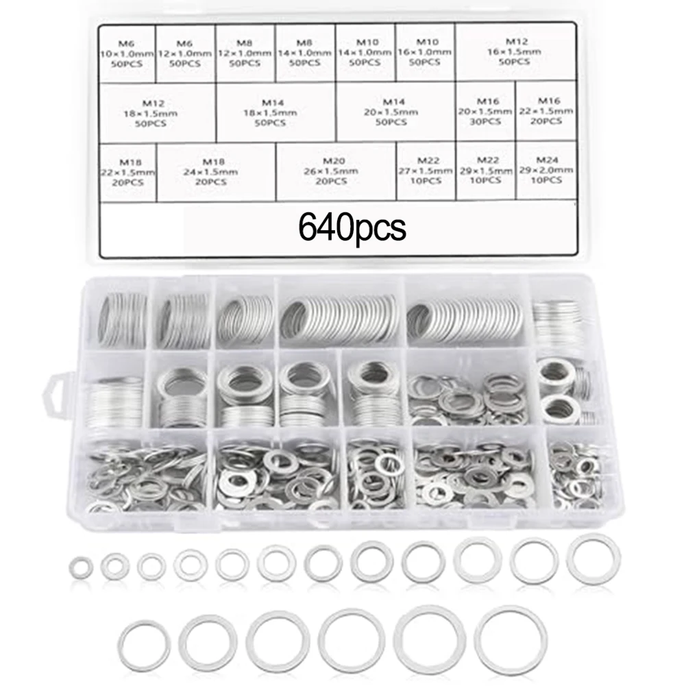 640 قطعة حلقة لإحكام الإغلاق من الألومنيوم تشكيلة متري M6 إلى تصميم مسطح مجموعة ختم استنزاف الزيت للسيارات والبحرية