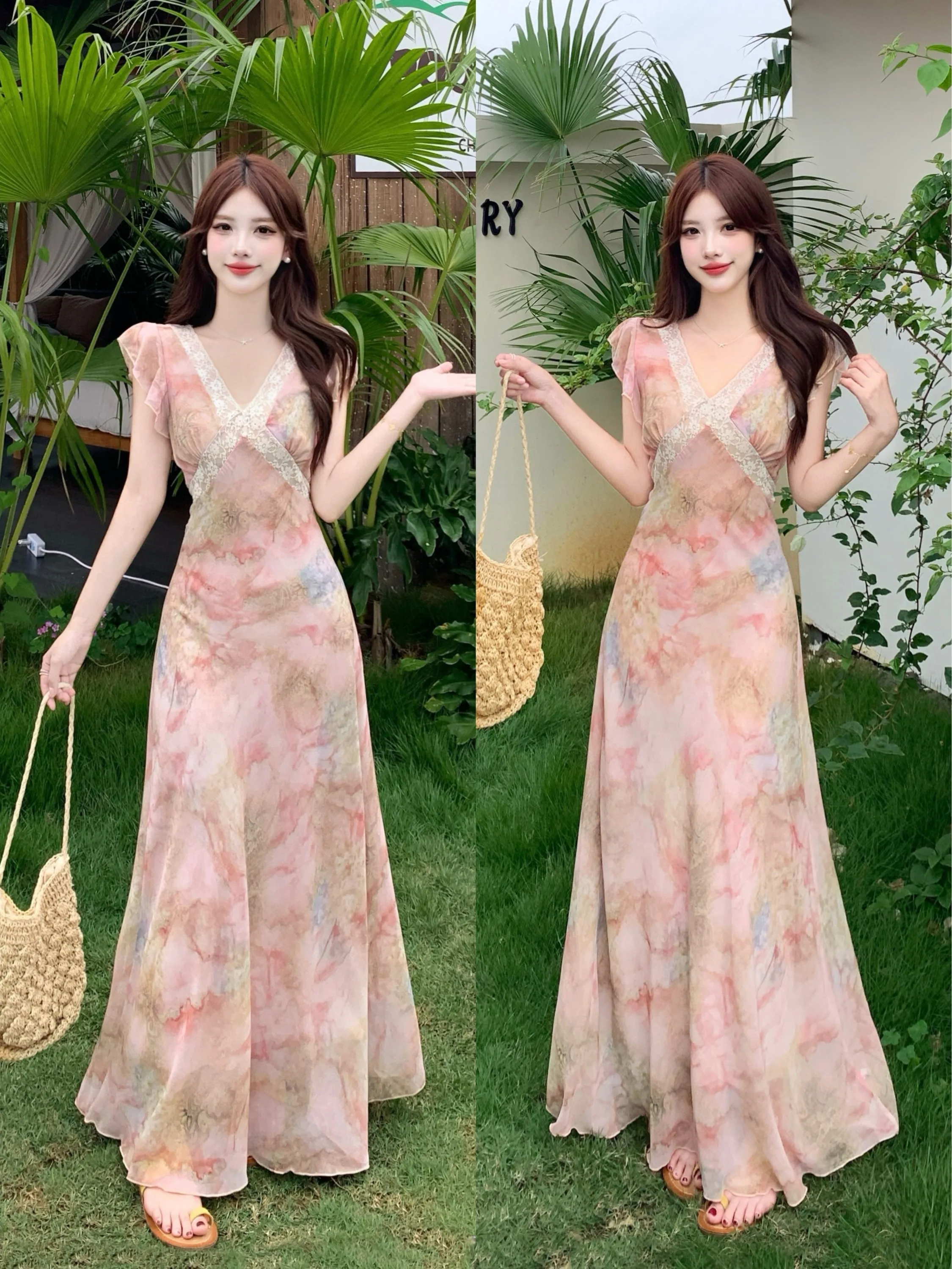 

plus Size Women's Dress Pink Lace Splicing V-neck Floral Print Puffy Sleeve Long Dress Slimming Waist Design Summer Citywalk