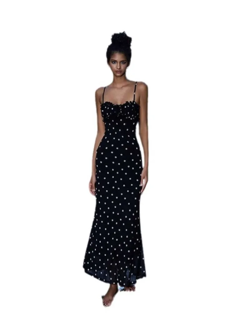 Polka Dots Print Spaghetti Strap Dresses Women Temperament French Sexy Low Cut Backless Package Hip Bodycon Dress Female Summer