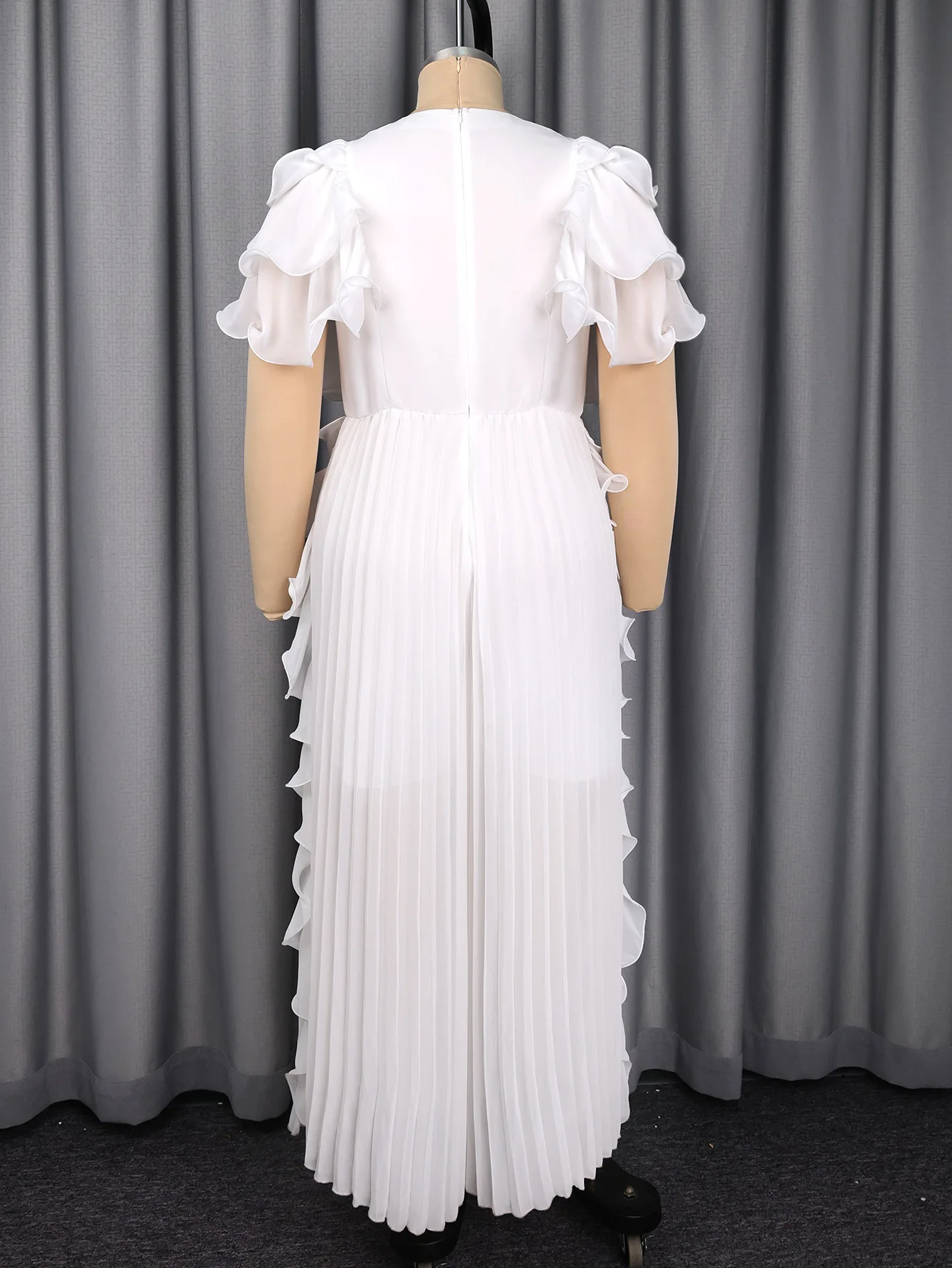 Plus Size Women V-neck Ruffle Jumpsuit White Ruffle Chiffon Wide-leg Rhinestone Belt Pleated Summer Elegant Casual Party Outfit - view 4