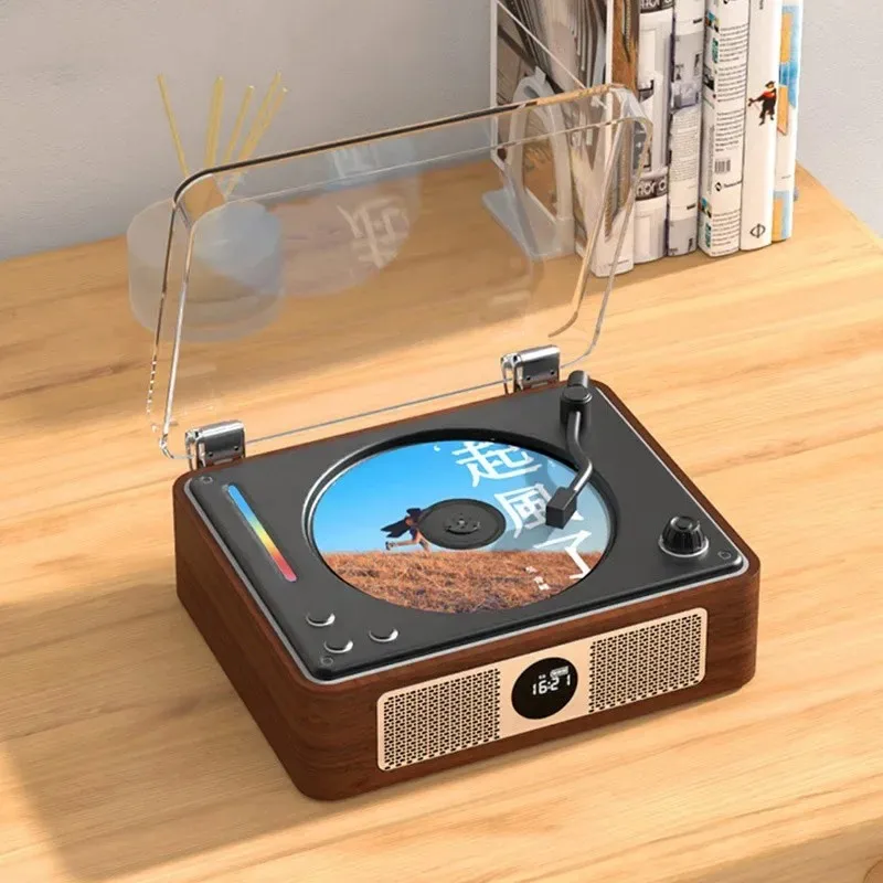 Portable CD Player Bluetooth 5.0 RGB Ambient Light Wooden Retro HIFI Music Player Rechargeable Built-in Speaker Optical Output