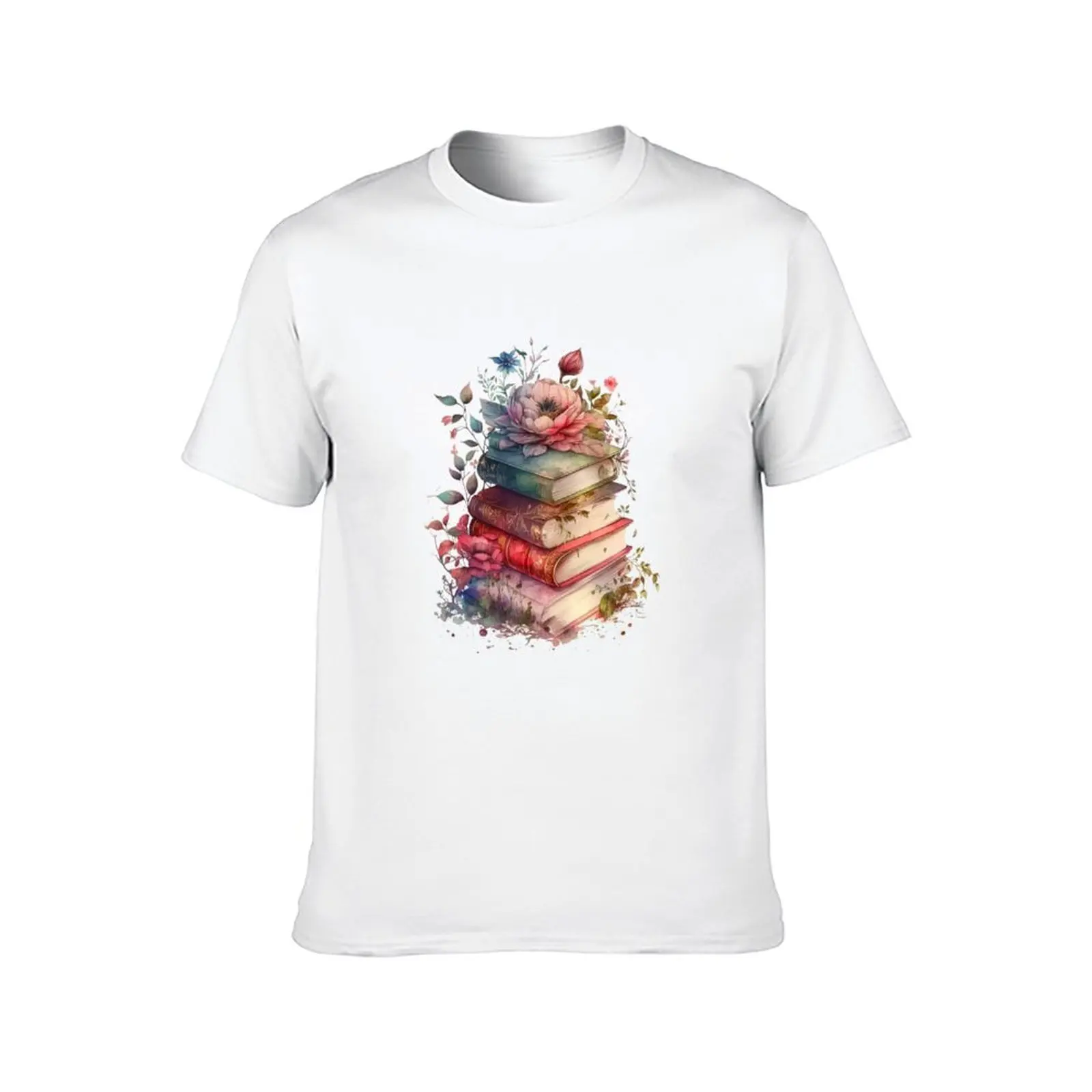 Floral Watercolor Stacked Books T-Shirt Blouse Anime t-shirt black t-shirts for men