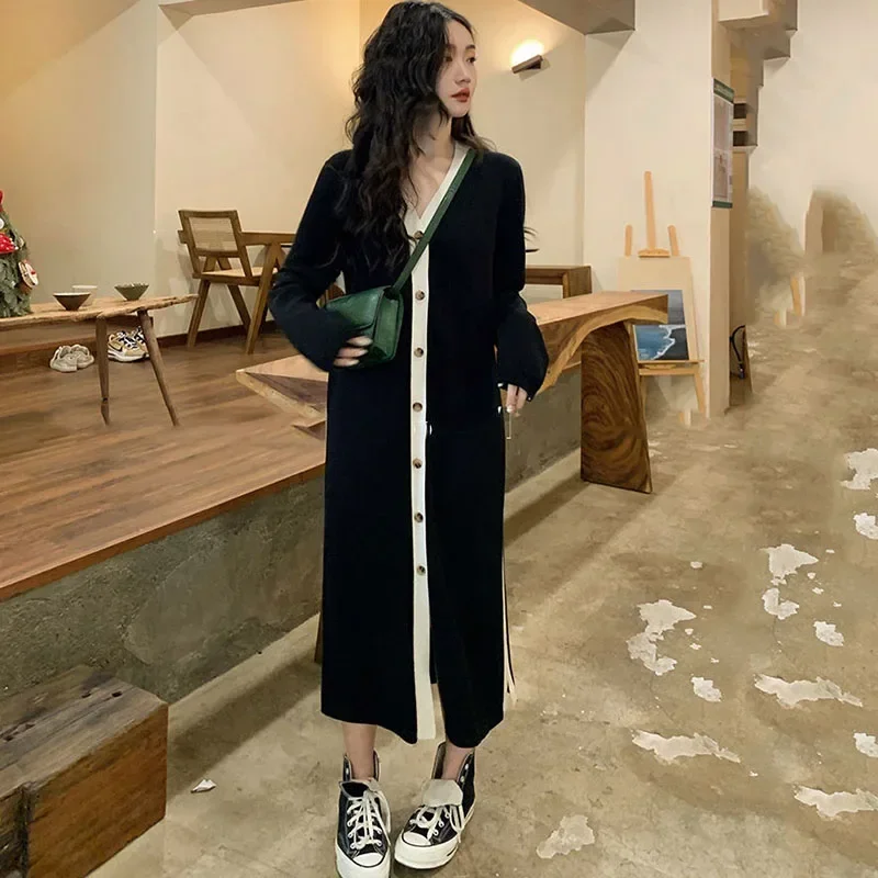 Autumn Long Design Knitting Cardigan Women Korean Style Elegant Sweater Coat Female Casual Patchwork Vintageg Coat 2024 New