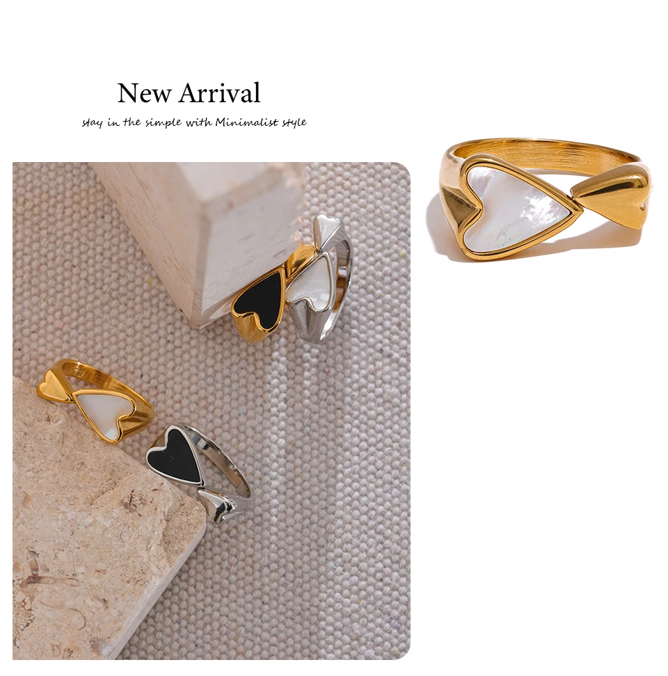 Yhpup Shell Acryl Herz Edelstahl Stilvoller Ring für Frauen Charms Metall Textur Wasserdicht Goldener Schmuck Gala Geschenk – Detail 10