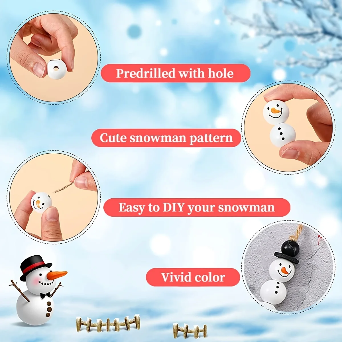Christmas Snowman Wooden Beads Set Black White Round Wood Balls with Jute Twine DIY Xmas Garland Ornament Holiday Craft Decor