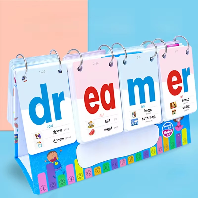 Tarjetas fonéticas con tapa para niños, calendario de escritorio, palabras de ortografía, aprendizaje en inglés, juguetes educativos para el vocabolco