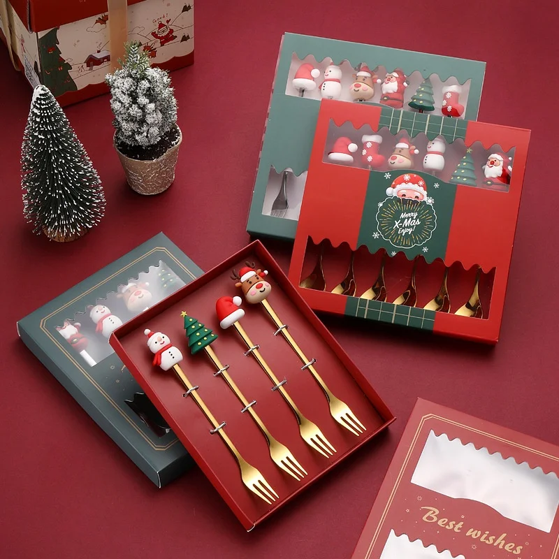 4/6PCS Christmas Gifts Stainless Steel Spoons Forks Set Decoration Glod Silver Elk Deer Dessert Coffee Spoon for Kids Gift Box