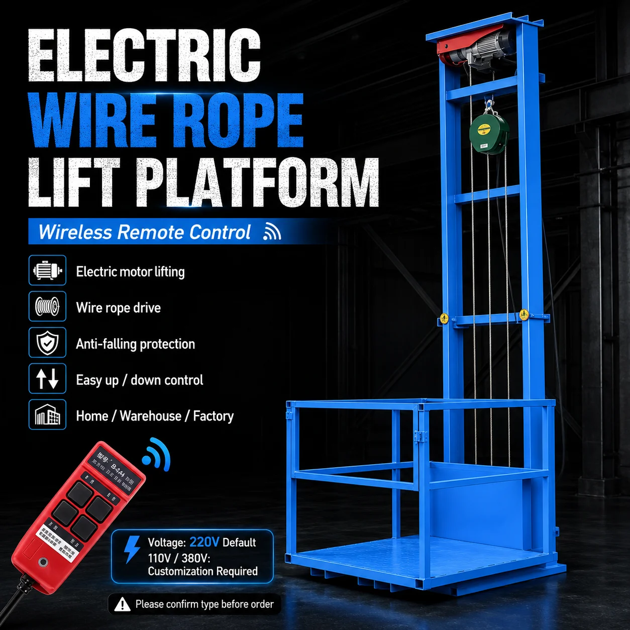 Small Cargo Lift Platform Hydraulic / Electric Wire Rope Freight Elevator Remote Control for Home Warehouse