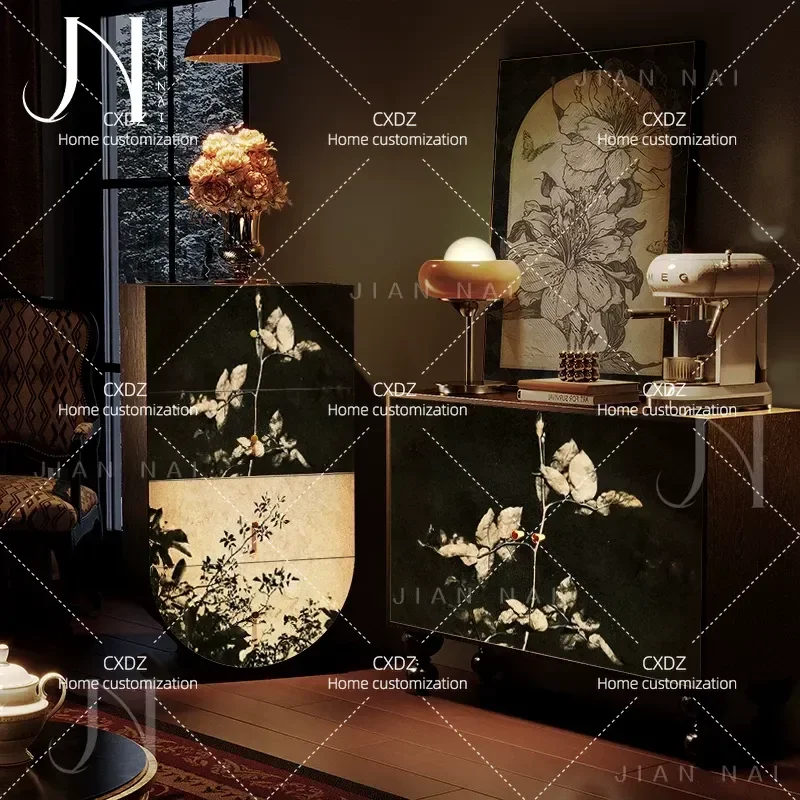 Installation-free French retro four-chest cabinet flower flower language living room solid wood drawer cabinet entrance