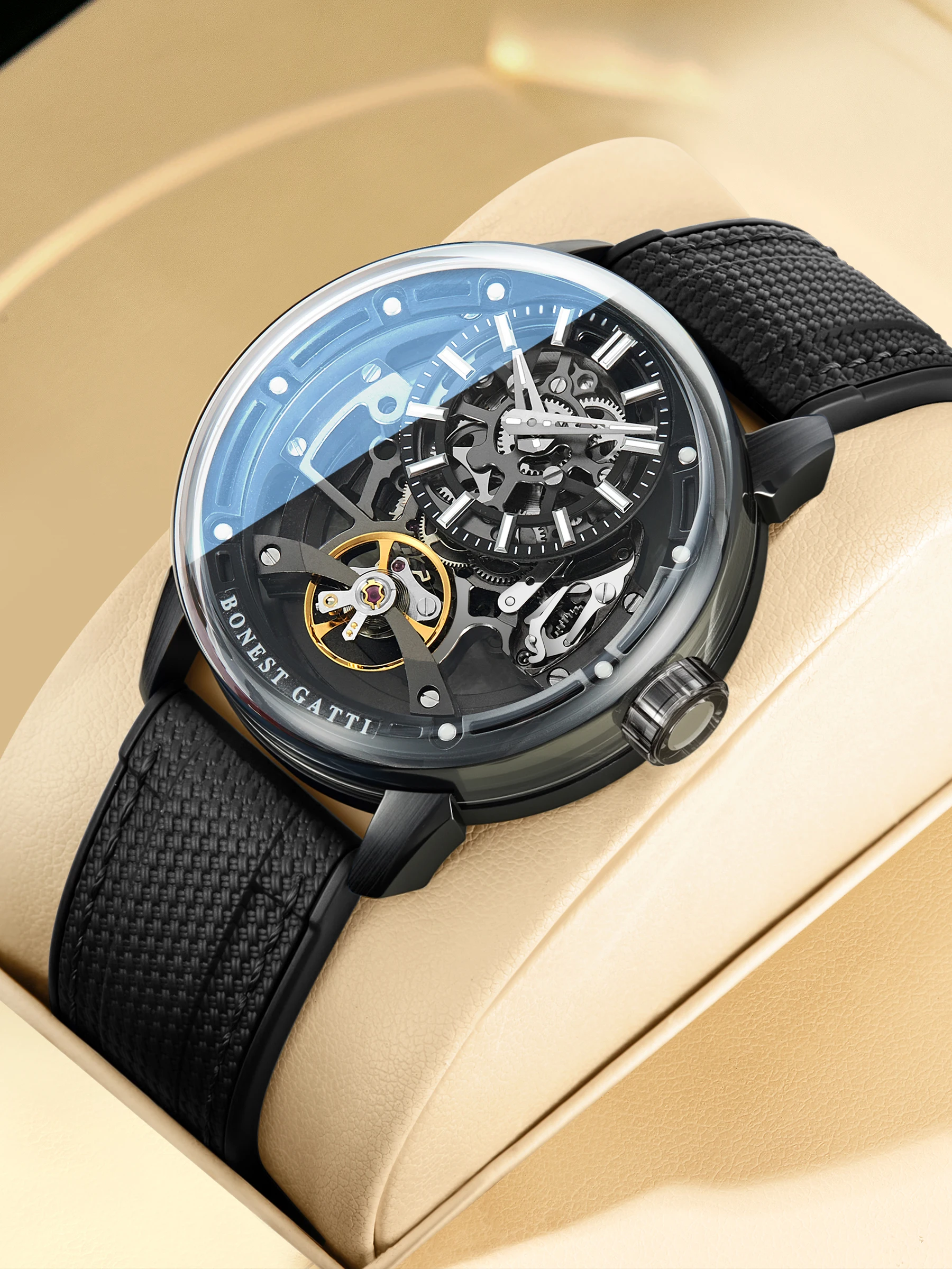 

BONEST GATTI Мужские автоматические часы 44 мм Механические наручные часы Скелет Светящийся циферблат Сапфировый быстросъемный ремешок из фторкаучука