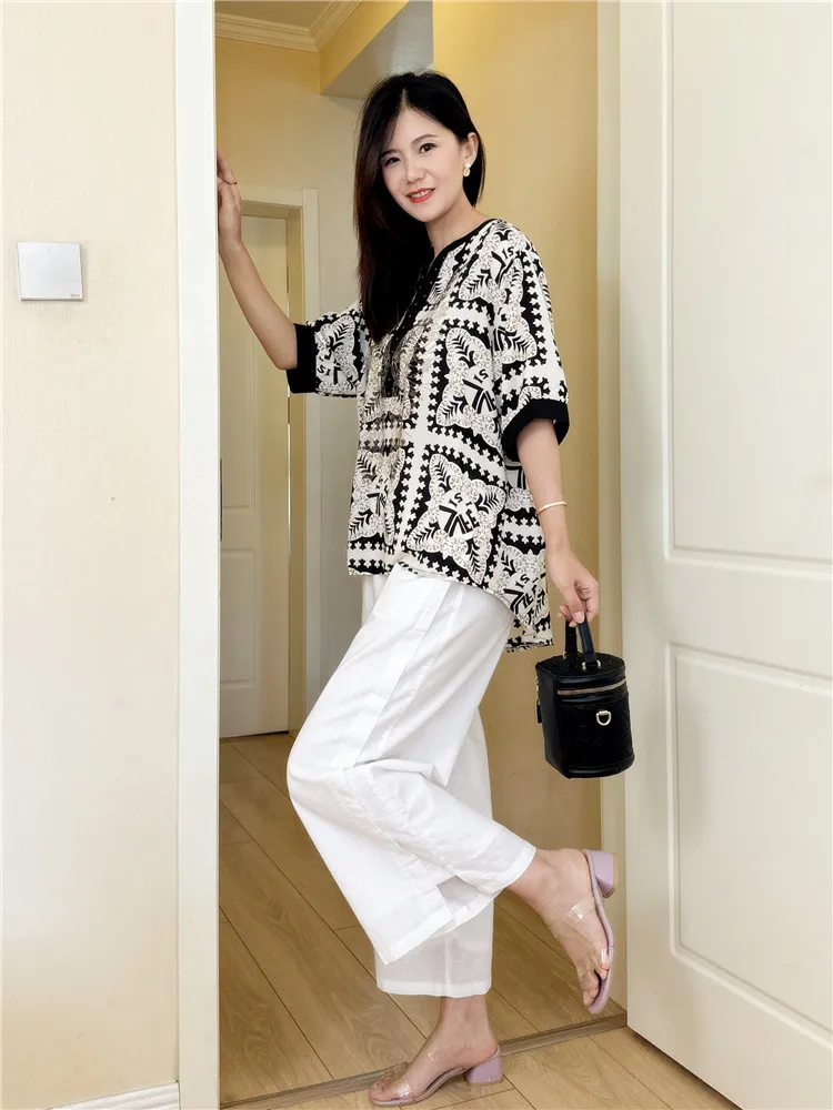 

plus Size Cotton Linen Wide Leg Pants Set Women Spring Summer New Sle Slimming Whole Set Trendy Chiffon Top Two Piece Set